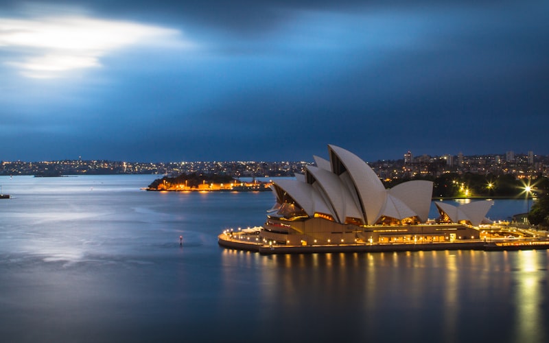 Sydney Opera House and harbour at dusk